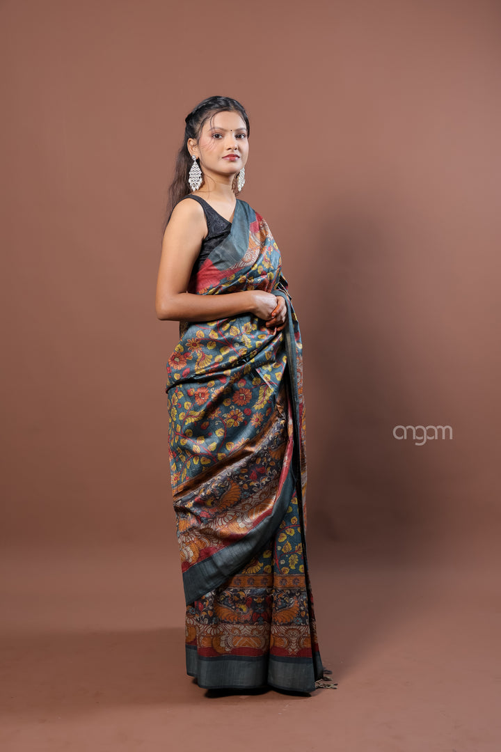Kolika Tussar Digital Print Saree in Teal with Floral Motifs