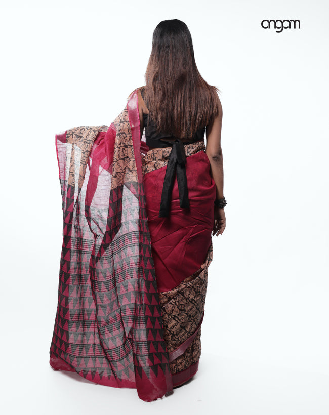 Maroon Cotton Slub Saree with Artistic Printed Border and Pallu