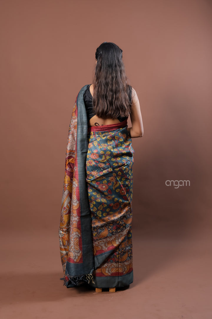 Kolika Tussar Digital Print Saree in Teal with Floral Motifs