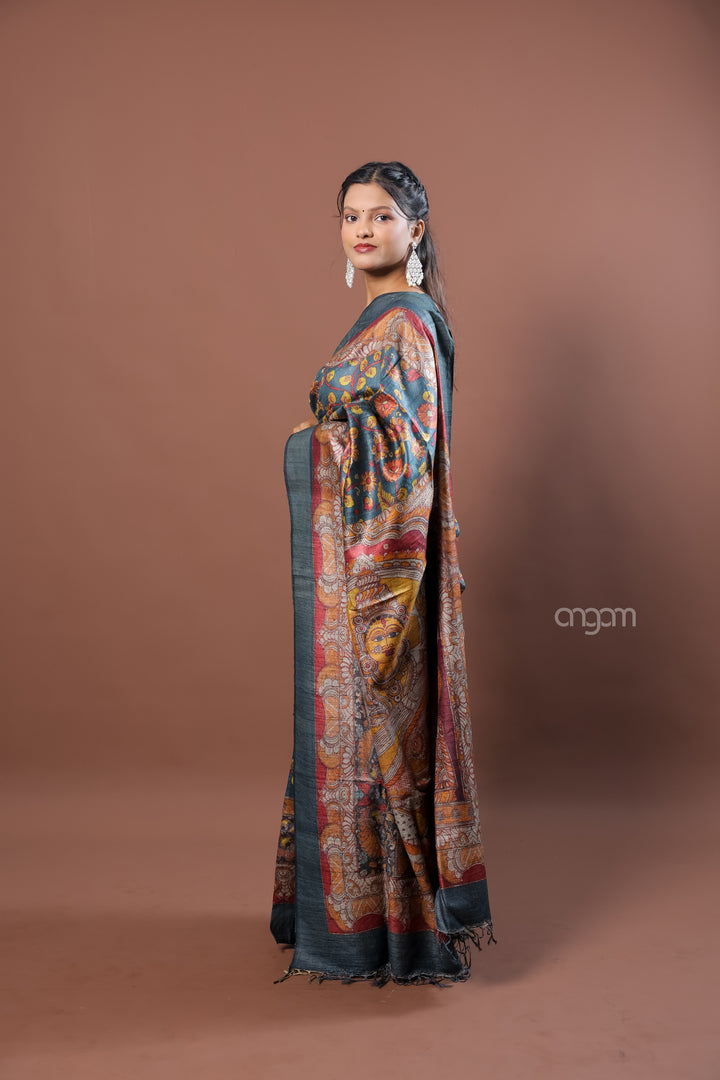 Kolika Tussar Digital Print Saree in Teal with Floral Motifs