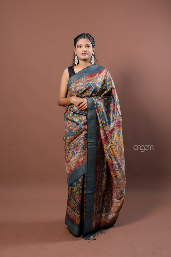 Kolika Tussar Digital Print Saree in Teal with Floral Motifs