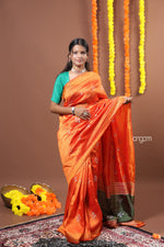 Load image into Gallery viewer, Vibrant Orange Art Dupion Saree with Floral Motifs and Border
