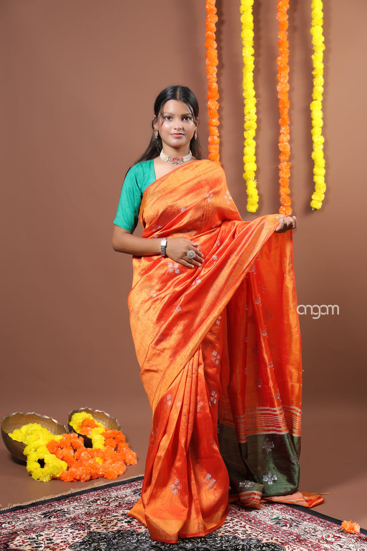 Vibrant Orange Art Dupion Saree with Floral Motifs and Border