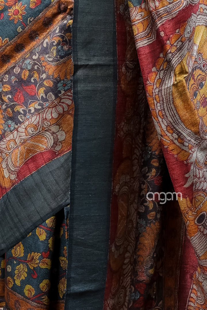 Kolika Tussar Digital Print Saree in Teal with Floral Motifs