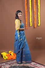 Load image into Gallery viewer, Elegant Blue Liva Saree with Golden Zari and Flowing Drape
