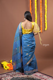 Elegant Blue Liva Saree with Golden Zari and Flowing Drape