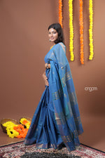 Load image into Gallery viewer, Elegant Blue Liva Saree with Golden Zari and Flowing Drape

