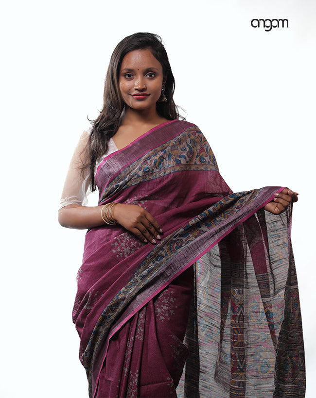 Purple Cotton Slub Saree with Intricate Border and Artistic Pallu