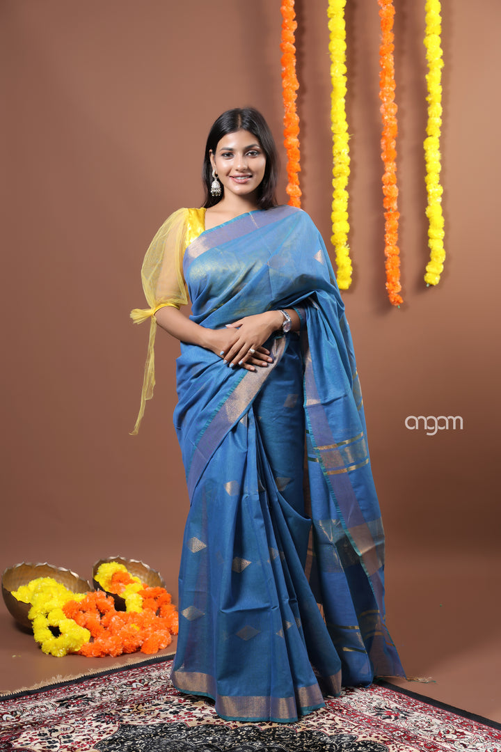 Elegant Blue Liva Saree with Golden Zari and Flowing Drape