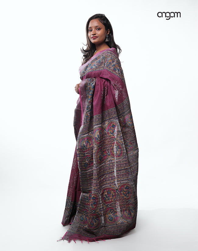 Purple Cotton Slub Saree with Intricate Border and Artistic Pallu