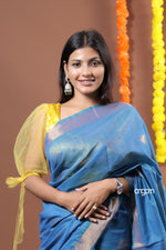 Load image into Gallery viewer, Elegant Blue Liva Saree with Golden Zari and Flowing Drape
