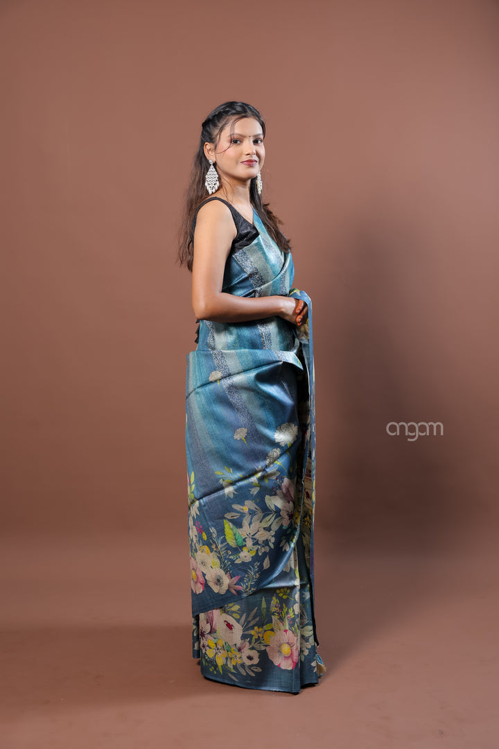 Kolika Tussar Digital Print Saree in Blue with Floral Elegance