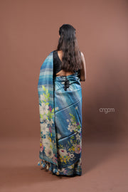 Kolika Tussar Digital Print Saree in Blue with Floral Elegance