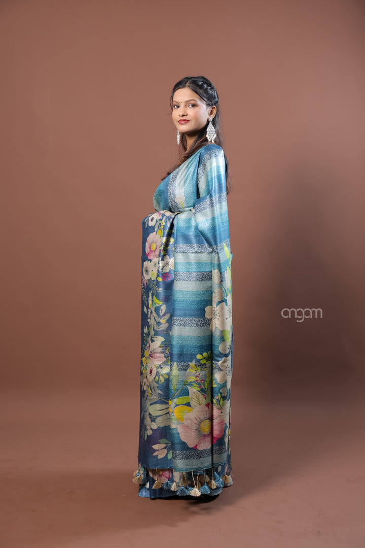 Kolika Tussar Digital Print Saree in Blue with Floral Elegance