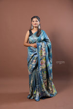 Load image into Gallery viewer, Kolika Tussar Digital Print Saree in Blue with Floral Elegance

