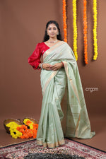 Load image into Gallery viewer, Graceful Light Green Liva Saree with Golden Border and Elegance
