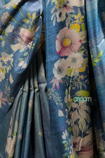Load image into Gallery viewer, Kolika Tussar Digital Print Saree in Blue with Floral Elegance
