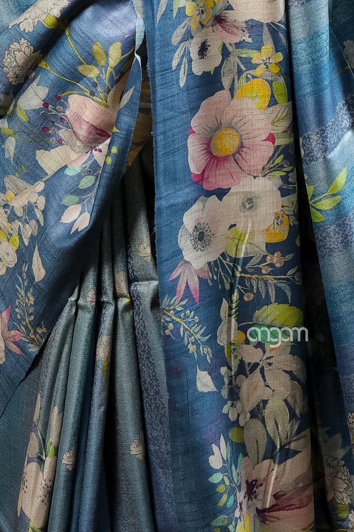 Kolika Tussar Digital Print Saree in Blue with Floral Elegance