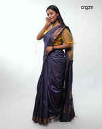 Load image into Gallery viewer, Luxurious Purple Liva Cotton Saree with Golden Striped Accents
