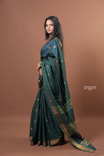 Load image into Gallery viewer, Elegant Dark Green Liva Saree with Golden Border and Detailing
