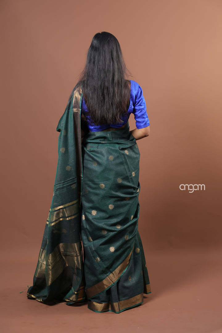 Elegant Dark Green Liva Saree with Golden Border and Detailing