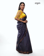 Load image into Gallery viewer, Luxurious Purple Liva Cotton Saree with Golden Striped Accents
