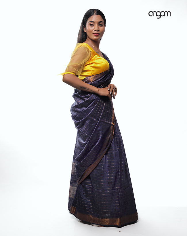 Luxurious Purple Liva Cotton Saree with Golden Striped Accents