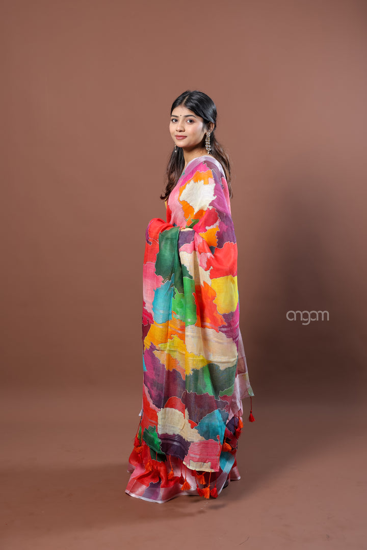 Vibrant Multicolor Abstract Print Linen Digital Saree for Elegant Look
