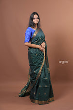 Load image into Gallery viewer, Elegant Dark Green Liva Saree with Golden Border and Detailing
