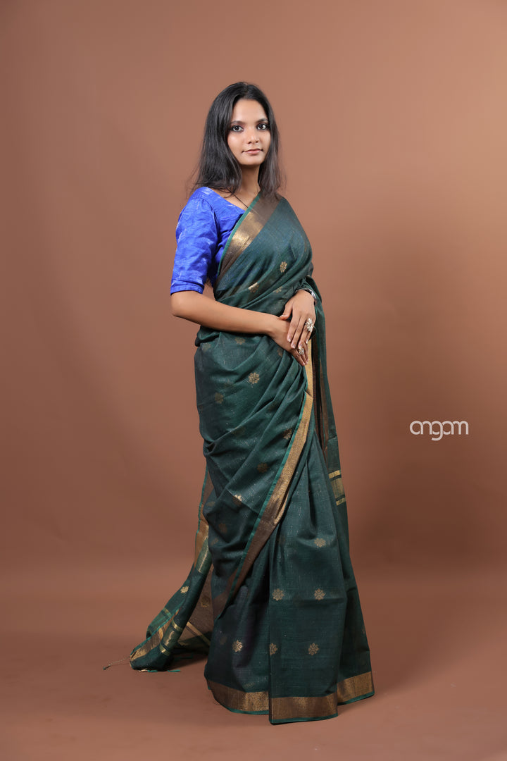 Elegant Dark Green Liva Saree with Golden Border and Detailing