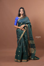 Load image into Gallery viewer, Elegant Dark Green Liva Saree with Golden Border and Detailing
