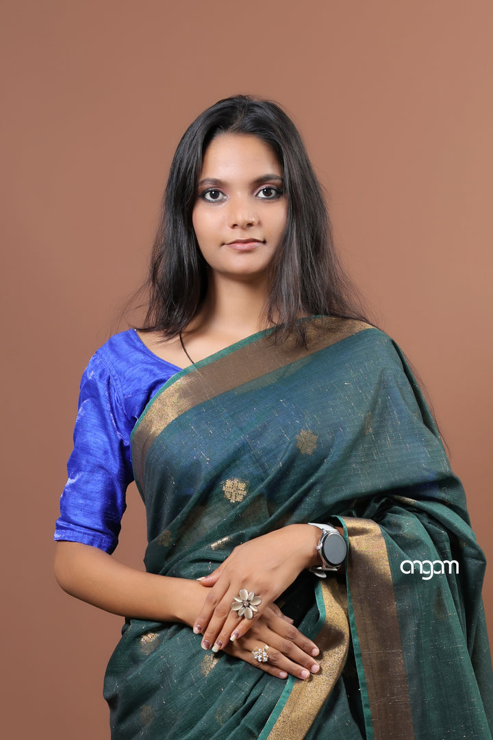 Elegant Dark Green Liva Saree with Golden Border and Detailing