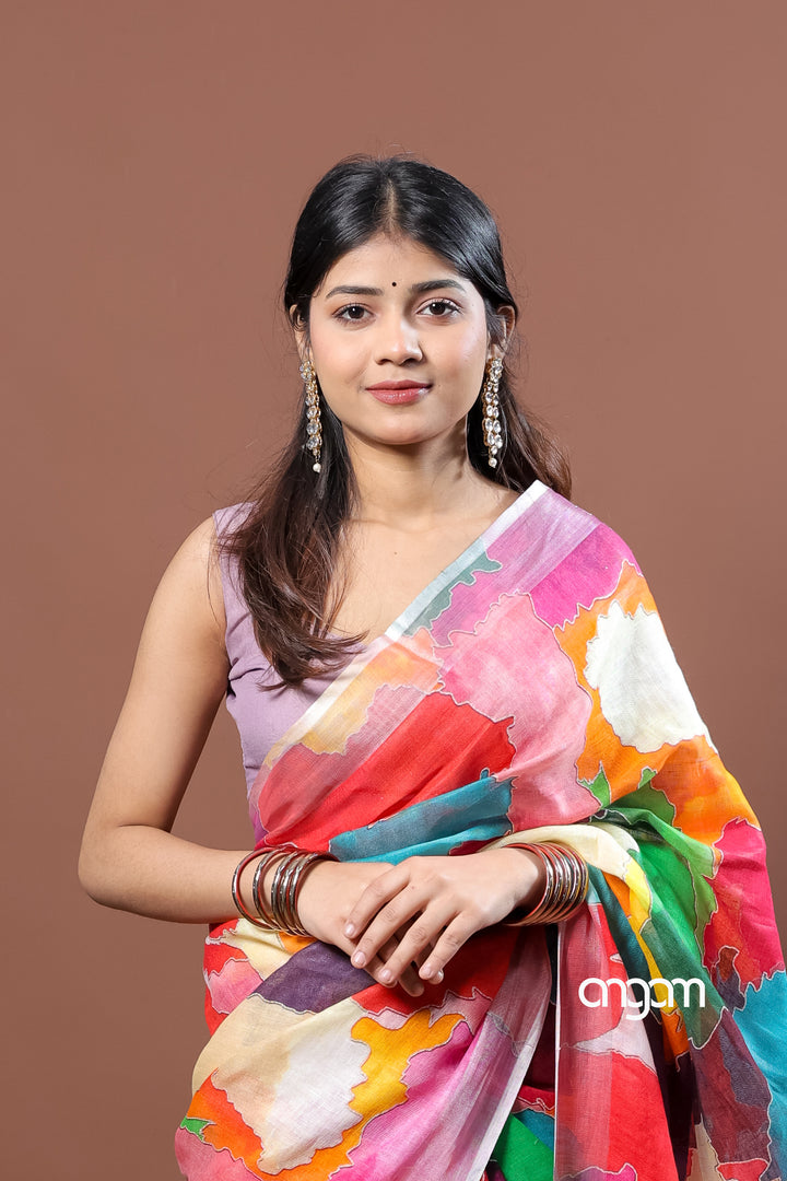 Vibrant Multicolor Abstract Print Linen Digital Saree for Elegant Look