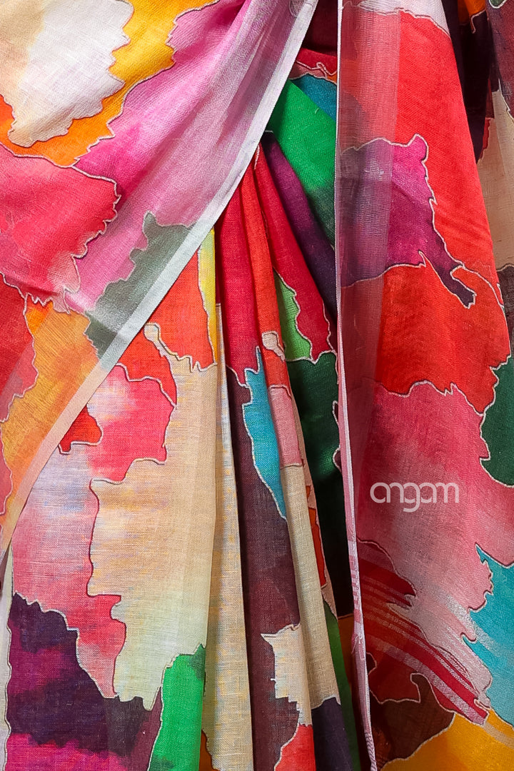 Vibrant Multicolor Abstract Print Linen Digital Saree for Elegant Look