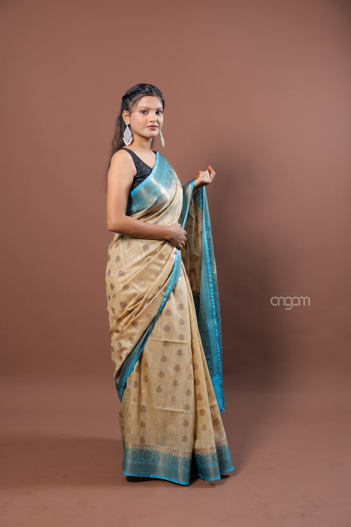 Banswara Handwoven Beige Saree with Blue Zari Border Elegance