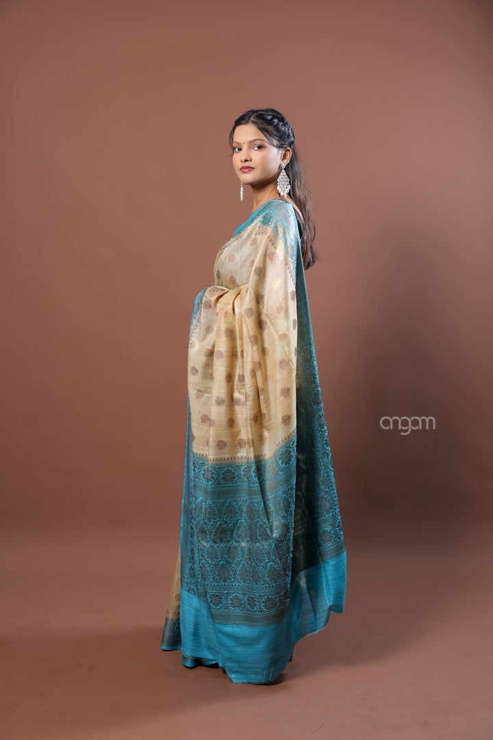 Banswara Handwoven Beige Saree with Blue Zari Border Elegance