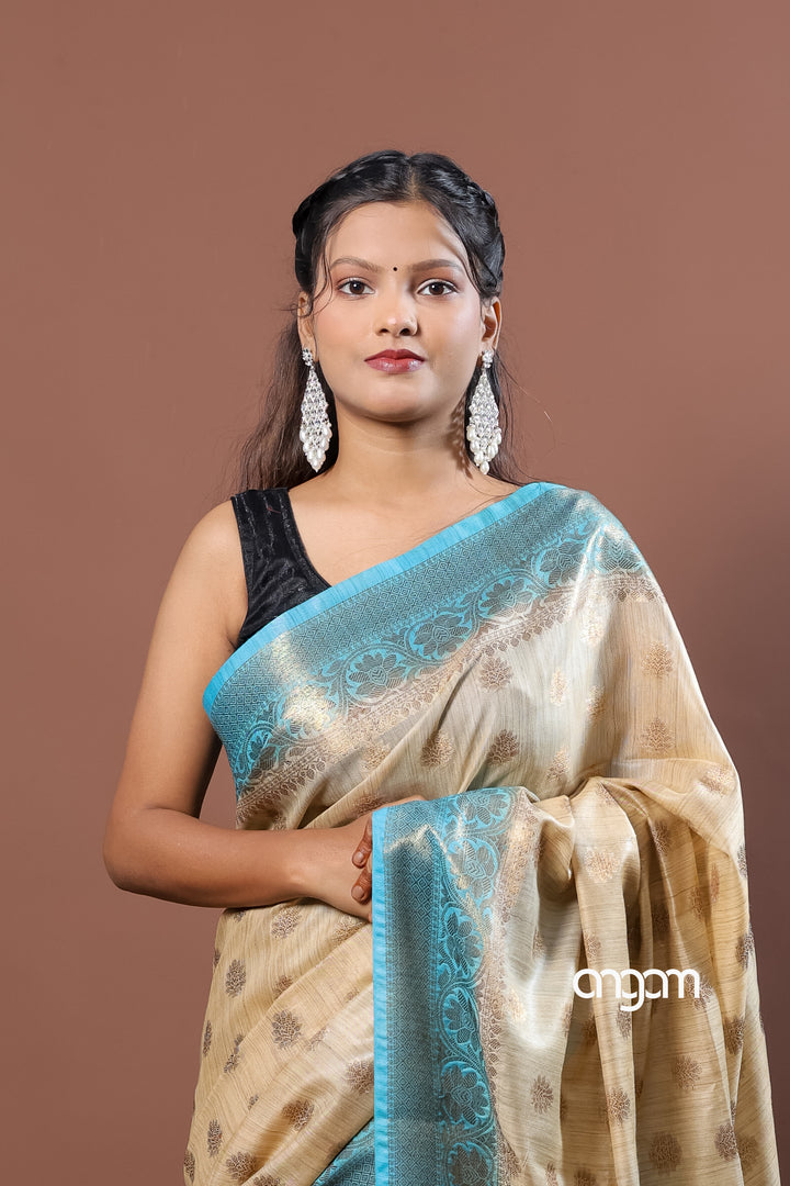 Banswara Handwoven Beige Saree with Blue Zari Border Elegance