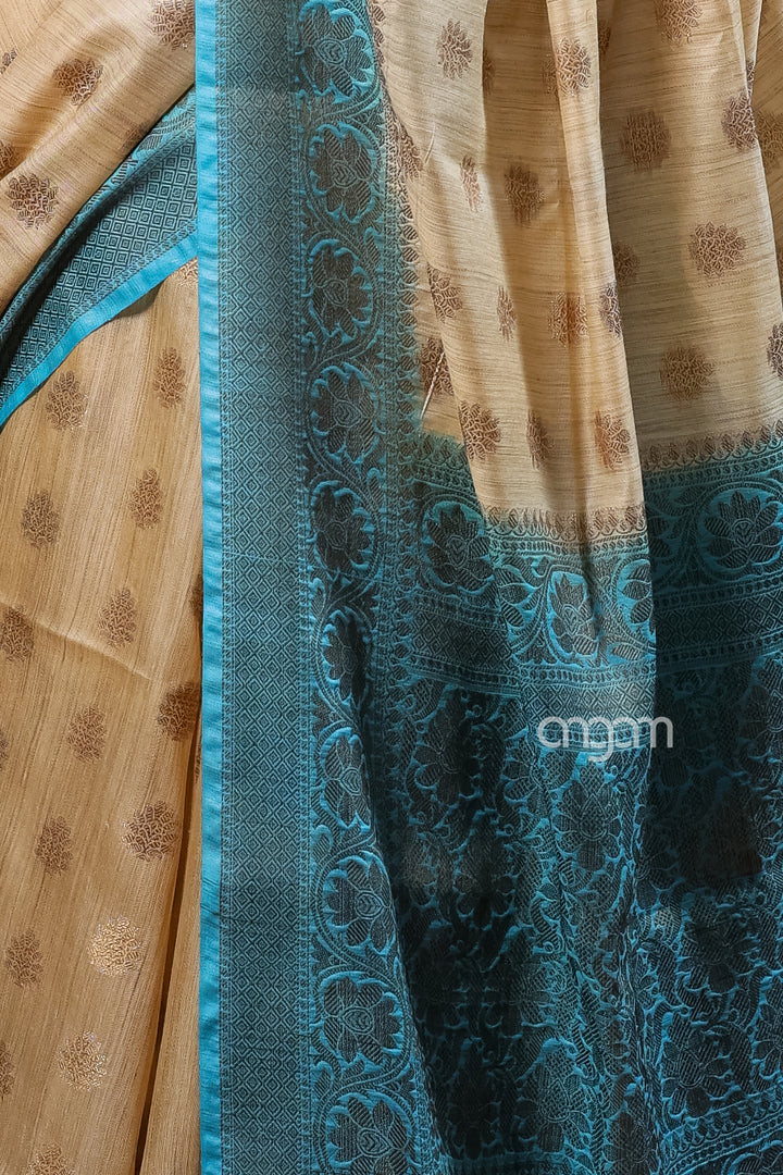 Banswara Handwoven Beige Saree with Blue Zari Border Elegance
