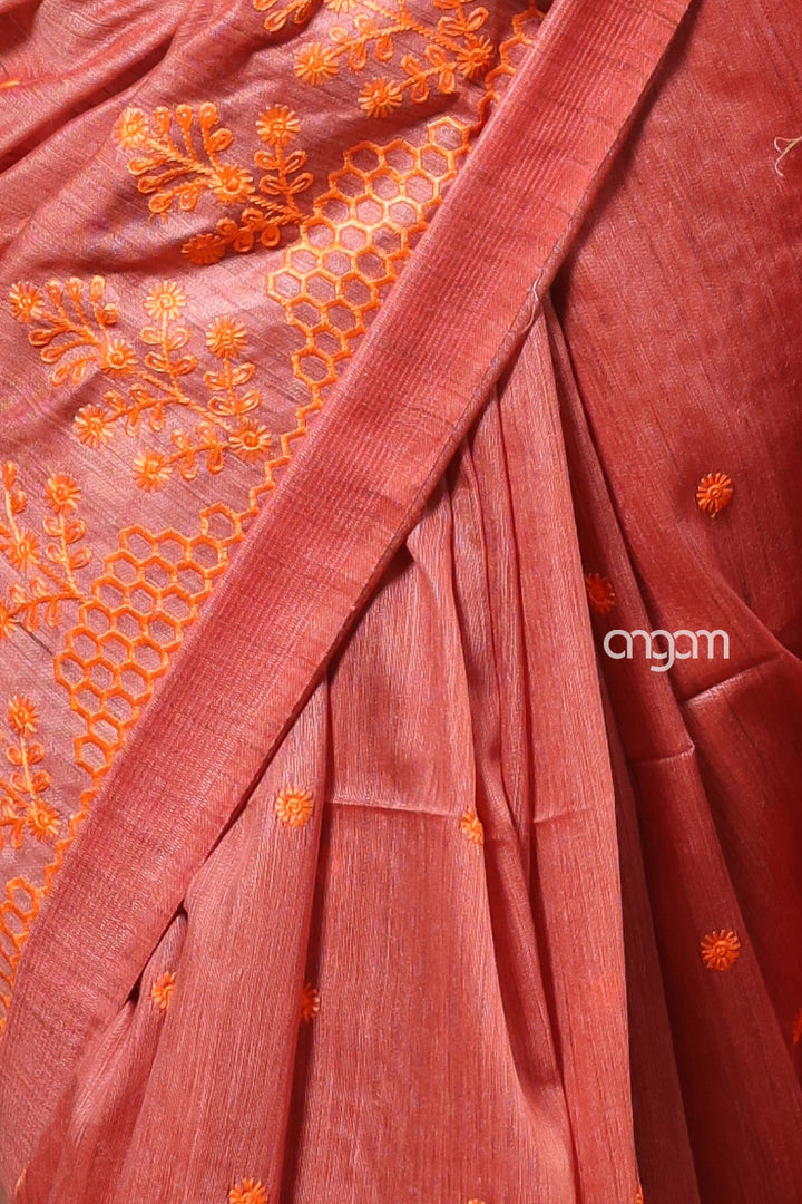 Graceful Peach Banswara Embroidery Saree with Delicate Threadwork Detailing