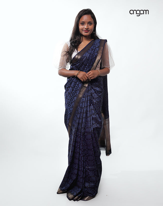 Elegant Navy Blue Kota Viscose Saree with Gold Border