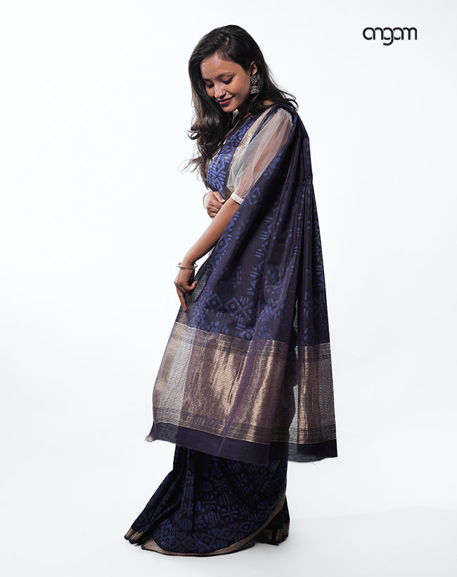Elegant Navy Blue Kota Viscose Saree with Gold Border