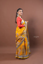 Load image into Gallery viewer, Mustard Yellow Linen Screen Print Saree with Ethnic Motifs
