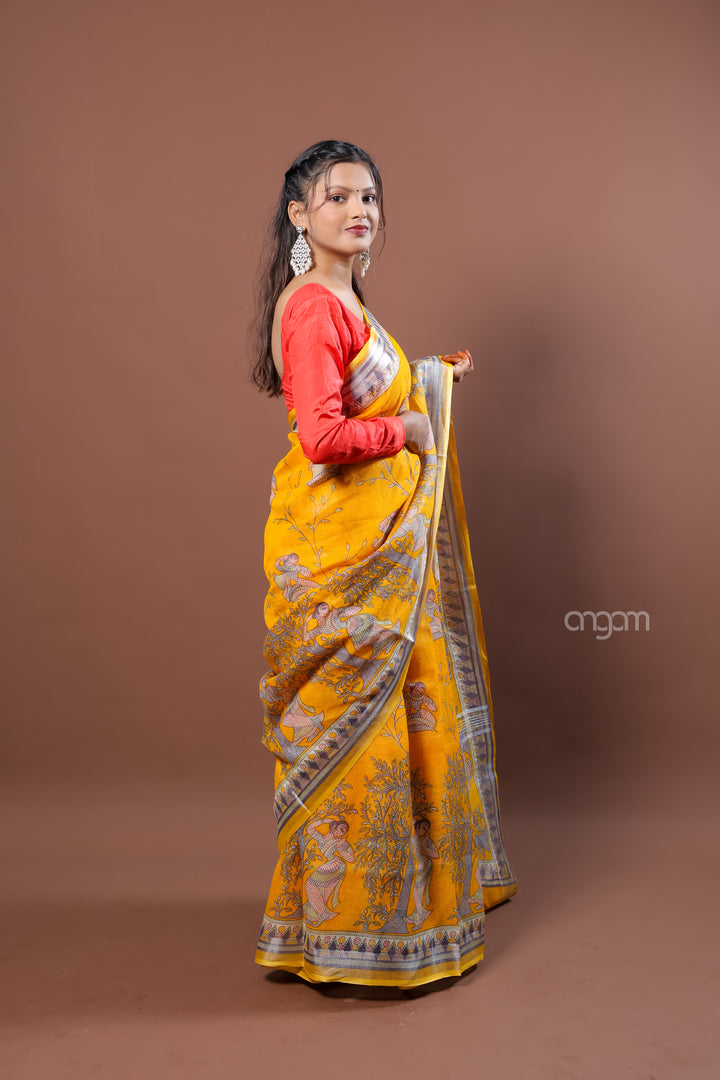 Mustard Yellow Linen Screen Print Saree with Ethnic Motifs
