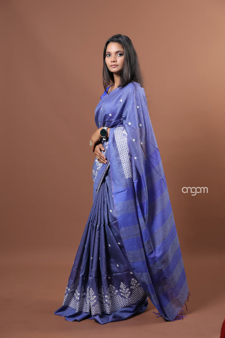 Elegant Blue Banswara Embroidery Saree with Delicate White Thread Detailing