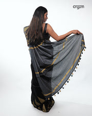 Sophisticated Black Liva Cotton Saree with Gold Temple Motifs