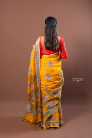Mustard Yellow Linen Screen Print Saree with Ethnic Motifs