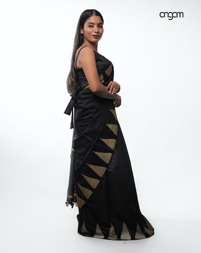 Sophisticated Black Liva Cotton Saree with Gold Temple Motifs