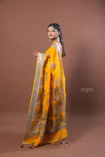 Load image into Gallery viewer, Mustard Yellow Linen Screen Print Saree with Ethnic Motifs
