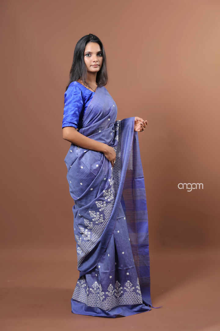 Elegant Blue Banswara Embroidery Saree with Delicate White Thread Detailing