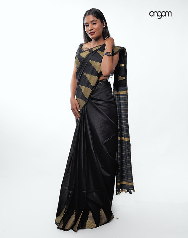 Sophisticated Black Liva Cotton Saree with Gold Temple Motifs